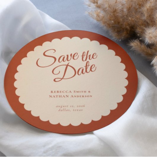 Elegante Terracotta Script Scallop Hochzeit Save The Date