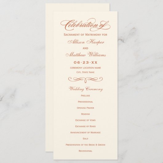 Elegante Terracotta Script Wedding Ceremony Programm (Vorne/Hinten)