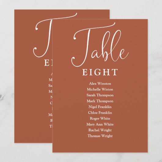 Elegante Terracotta Seating Chart Tischnummer (Vorne/Hinten)