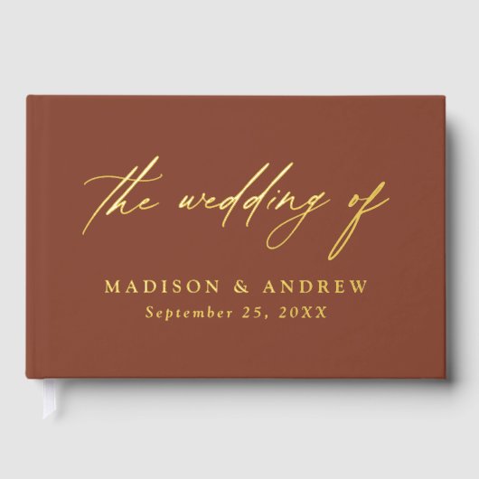 Elegante Terracotta und Goldkalligrafie Hochzeit Gästebuch (Vorderseite)