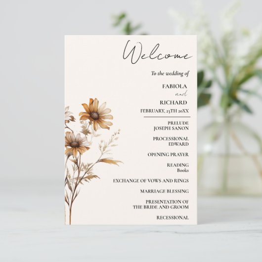 Elegante Terracotta Wildblume Wedding Program Card (Stehend Vorderseite)