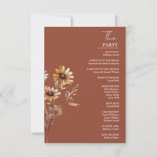 Elegante Terracotta Wildblume Wedding Program Card (Rückseite)