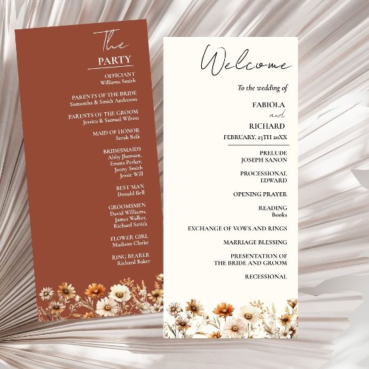 Elegante Terracotta Wildblume Wedding Program Card Einladung