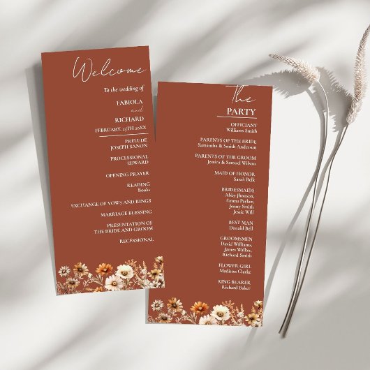 Elegante Terracotta Wildblume Wedding Program Card Einladung