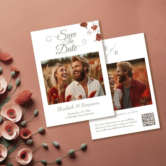 Elegante Terracotta Wildblumen Foto Hochzeit Save The Date