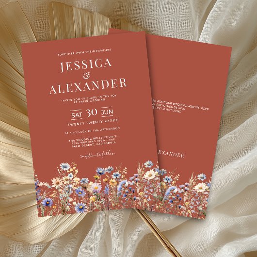 Elegante Terracotta Wildblumen Hochzeit Einladung