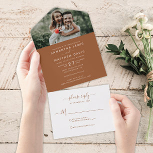 Elegante Terrakotta-Kalligrafie-Foto-Hochzeit All In One Einladung