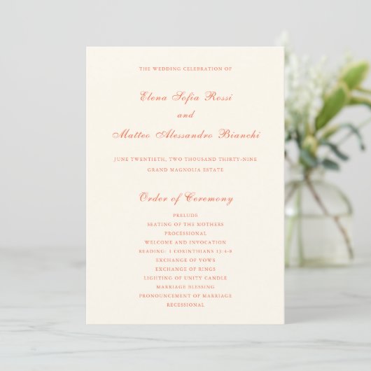 Elegante Terrakotta-Moderne Klassische Hochzeit Programm (Stehend Vorderseite)