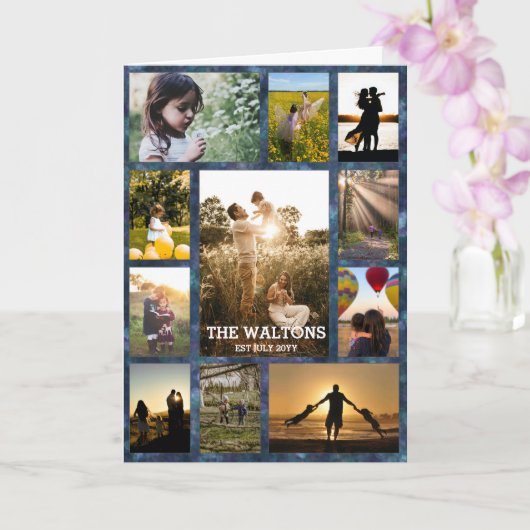 Elegante Textured Blue Frame Familie Foto Collage Karte (Orchidee)