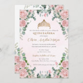 Elegante Tiara Gold Rosa Rosa Rose Quinceañera Einladung (Vorne/Hinten)