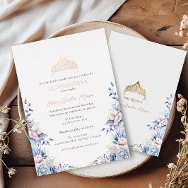 Elegante Tiara Rose Gold Blue Rose Quinceañera Folieneinladung