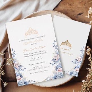 Elegante Tiara Rose Gold Blue Rose Quinceañera Folieneinladung