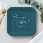 Elegante tiefblaue Skript-Minimalist-Hochzeit Pappteller