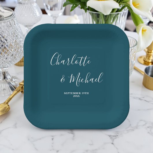 Elegante tiefblaue Skript-Minimalist-Hochzeit Pappteller