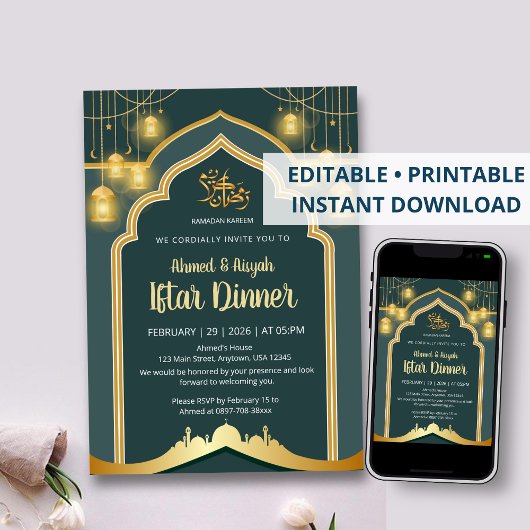 Elegante tiefblaue und goldene Laternen-Ramadan-If Einladung