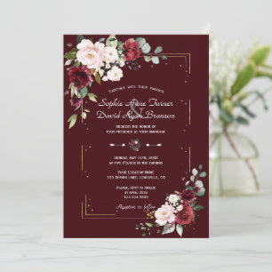 Elegante, tiefe Burgunder-Rot-Blush-Blumen-Goldene Einladung