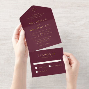 Elegante, tiefe Burgunderrote klassische Hochzeit All-in-One-Einladung