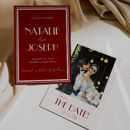 Elegante tiefrote Elfenbein-Old-Money-Foto-Hochzei Save The Date