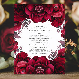 Elegante tiefrote, florale, romantische Hochzeit  Einladung