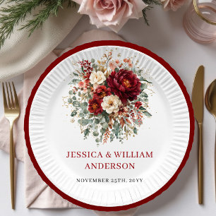 Elegante tiefrote Herbst-Hochzeitspapierteller Pappteller