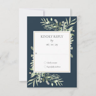 Elegante Tiefsee-Blau-Grünpflanzen-Blätter Hochzei RSVP Karte