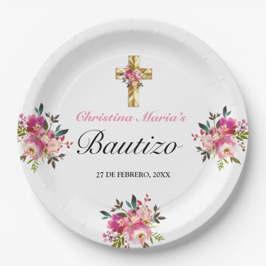 Elegante Tinta Floral Bautizo Pappteller (Vorderseite)