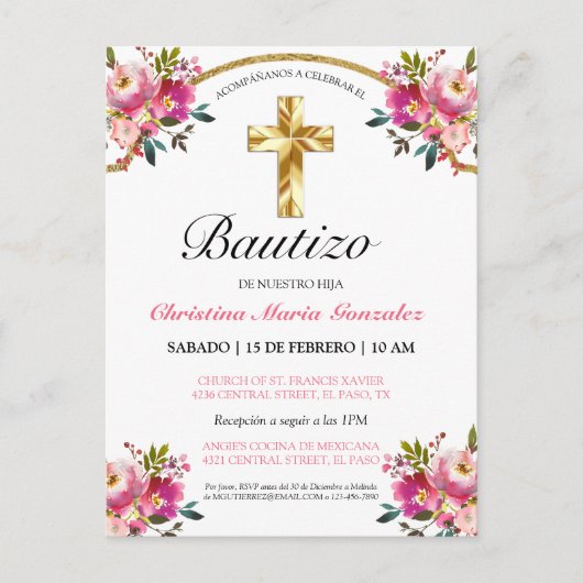 Elegante Tinta Floral Bautizo Postkarte (Vorderseite)