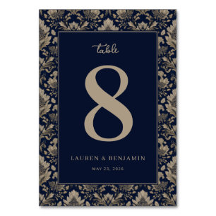 Elegante Tischnummer in Marineblau mit Blumenmuste