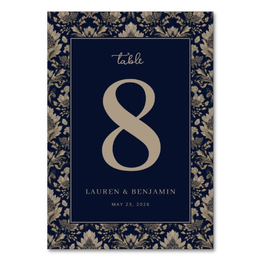 Elegante Tischnummer mit Marineblumenmotiv (Vorderseite)