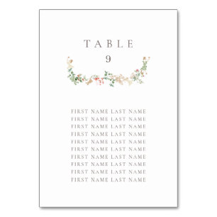 Elegante Tischnummer mit Wildblumen und Namen