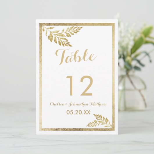 Elegante Tischnummern mit weißer goldfarbener Blüt (Stehend Vorderseite)