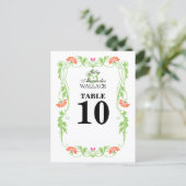 Elegante Tischnummernkarte mit Blättern, Blumen un Postkarte (Stehend Vorderseite)