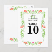 Elegante Tischnummernkarte mit Blättern, Blumen un Postkarte (Vorne/Hinten)