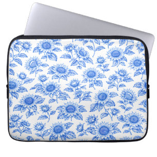 Elegante Toile de Jouy Sonnenblumen – Blau Botanis Laptopschutzhülle