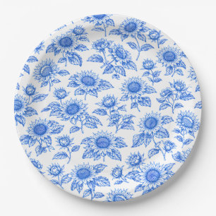 Elegante Toile du Jouy Sonnenblumen – Blaue Botani Pappteller