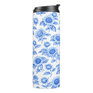 Elegante Toile du Jouy Sonnenblumen – Blaue Botani Thermosbecher
