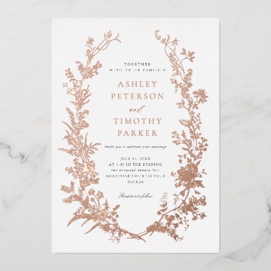 Elegante Toile Floral Wreath Wedding Rose Gold Folieneinladung (Vorderseite)