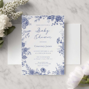 Elegante Toile French Blue Floral Baby Dusche Einladung