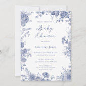 Elegante Toile French Blue Floral Baby Dusche Einladung (Vorderseite)
