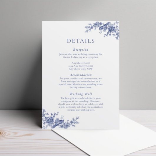 Elegante Toile French Blue Floral Enclosure Card Begleitkarte