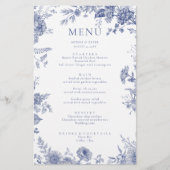 Elegante Toile French Blue Floral Menu Card (Vorderseite)