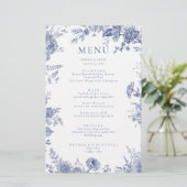 Elegante Toile French Blue Floral Menu Card (Stehend Vorderseite)
