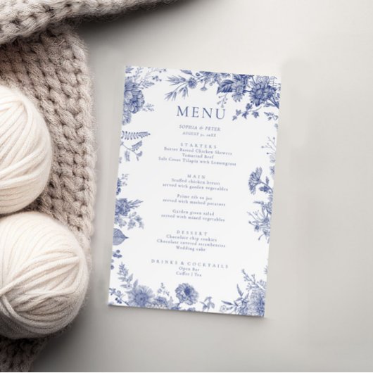 Elegante Toile French Blue Floral Menu Card