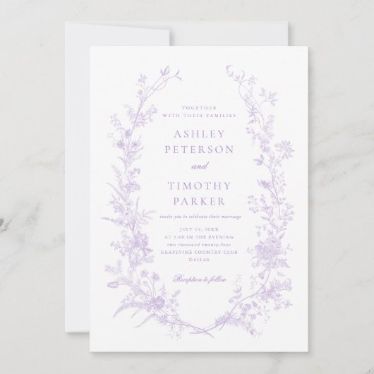 Elegante Toile French Lavender Floral Wedding Einladung (Vorderseite)