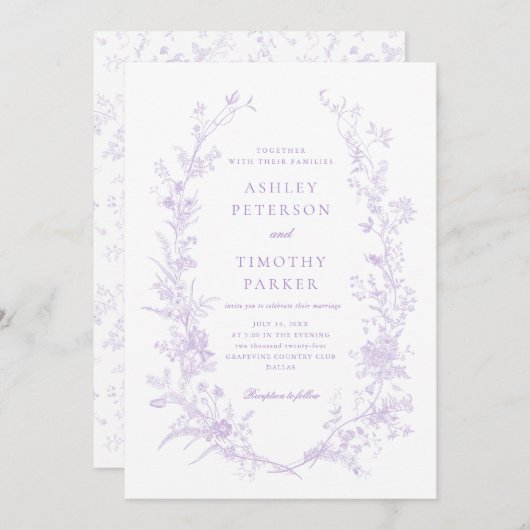 Elegante Toile French Lavender Floral Wedding Einladung (Vorne/Hinten)