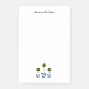 Elegante Topiaries in blau-weißen Töpfen Post-it Klebezettel