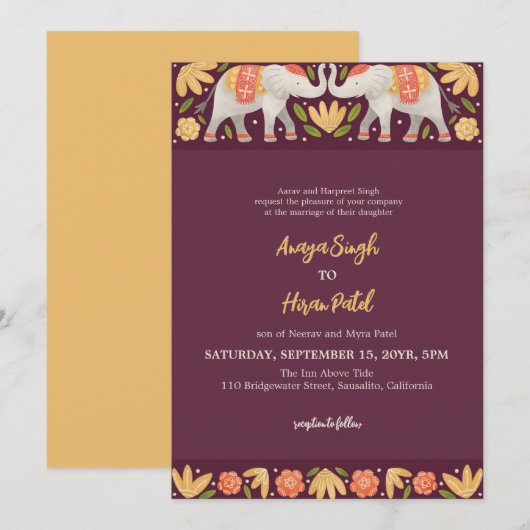 Elegante traditionelle indische Elefanten Hochzeit Einladung (Vorne/Hinten)