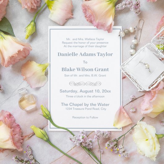 Elegante traditionelle Wörter dusty Blue White Wed Einladung