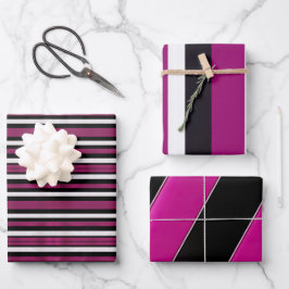 Elegante Trendy Magenta Schwarz und Weiß Streifen Geschenkpapier Set