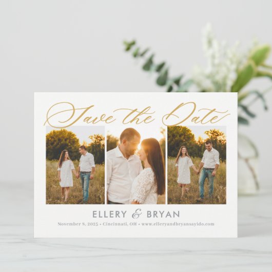 Elegante Trio bearbeitbare Farbkarte Save the Date Dankeskarte (Stehend Vorderseite)